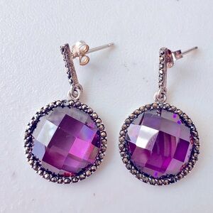 EUC 925 Sterling Silver Marcasite Purple Amethyst Dangle Earrings